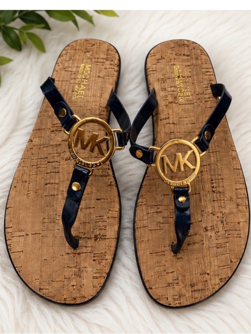 Michael Kors Black Leather Thong Sandals with Gold MK Medallions